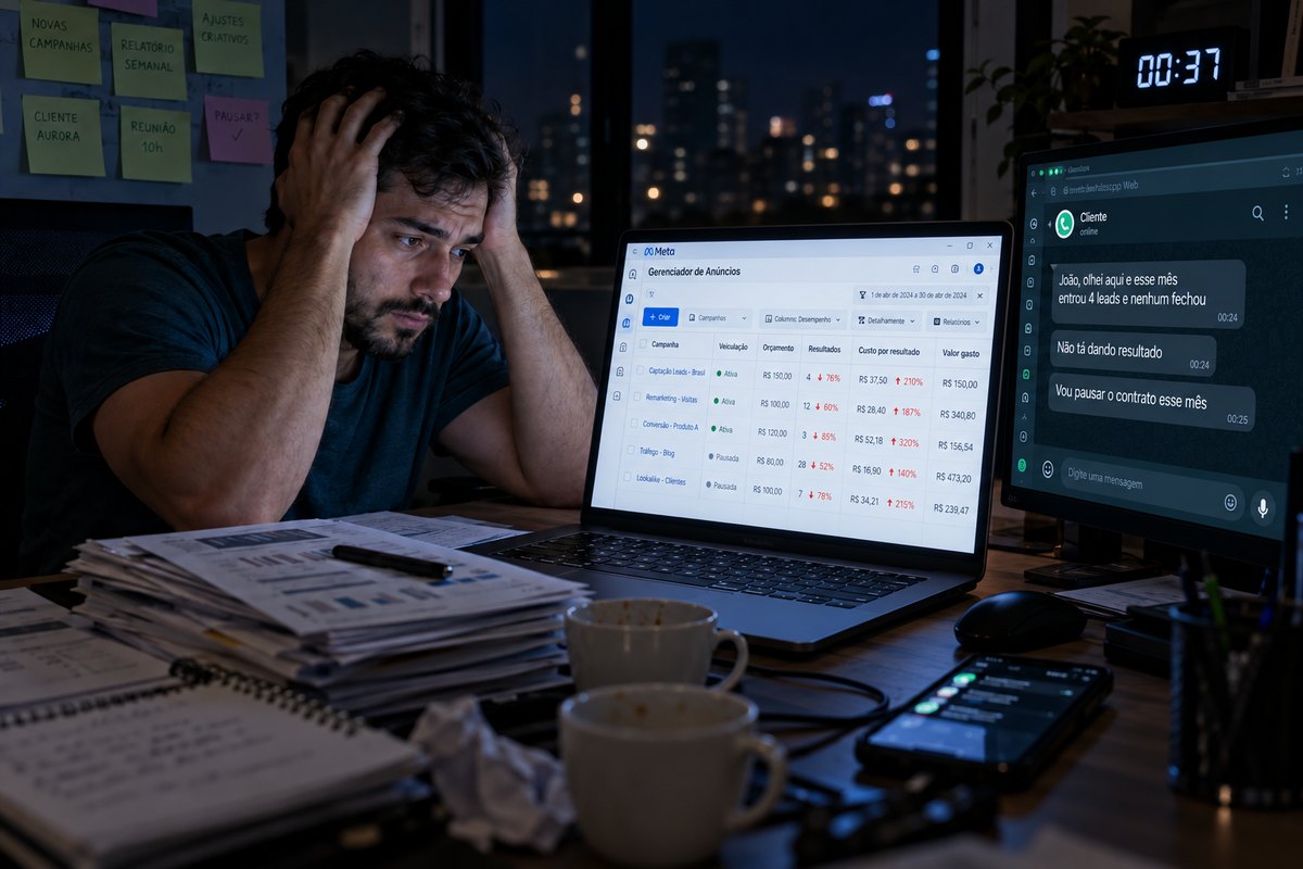 Gestor de tráfego de madrugada, Gerenciador com custo subindo e cliente no WhatsApp dizendo que vai pausar o contrato