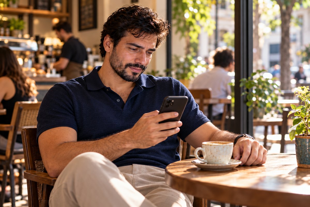 Gestor de tráfego num café, tranquilo, resolvendo pelo celular