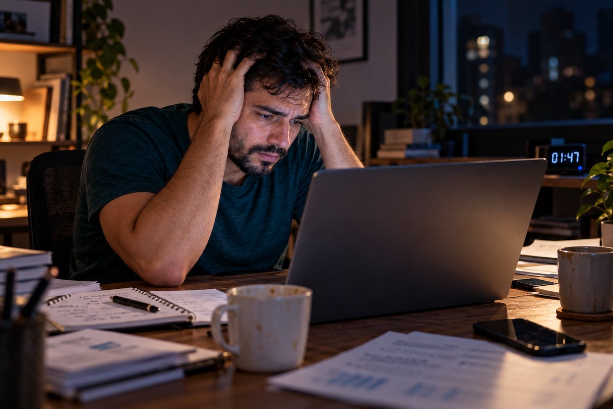 Gestor de tráfego de madrugada, mãos na cabeça, na frente do laptop